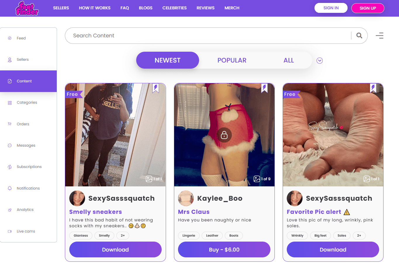 Page contenus de Feetfinder